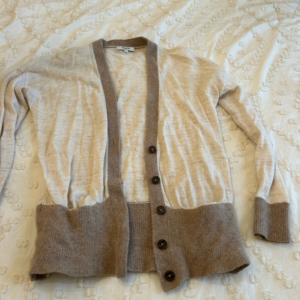 Madewell Cream and Brown Cardigan Sweater with Textured Knit